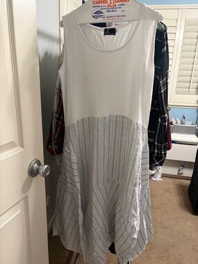 Sleeveless Midi Dress with Striped Skirt - White and Blue